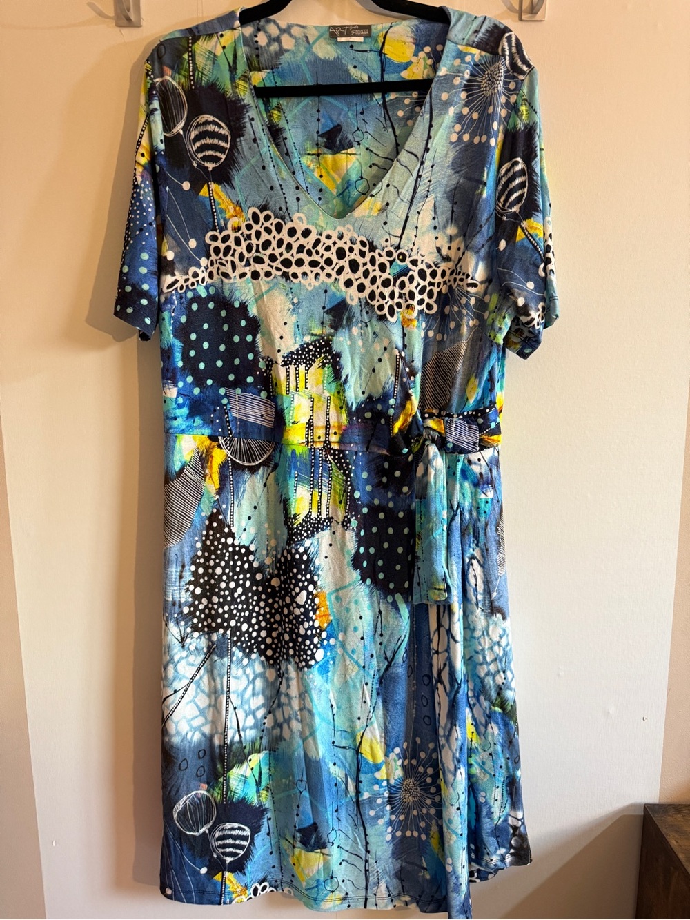 Dolcezza Simply Art Abstract Blue Midi Dress Tunic L XL Artsy Stretch Knit